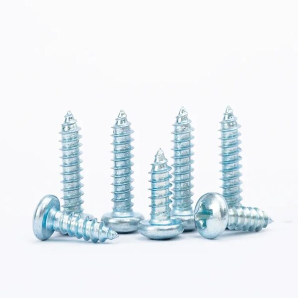 Six Zinc Plated Steel Phillips Pan Head Wood Screws stand upright on a white background, showcasing their elegant silver finish.