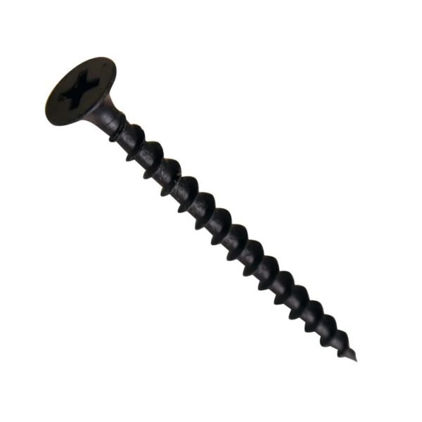 Black phosphate steel drywall screw with bugle head, sharp tip, coarse thread, and threaded shaft.