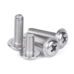 A set of four stainless steel Phillips screws with collars are staggered on a white backdrop, showcasing precision and durability.