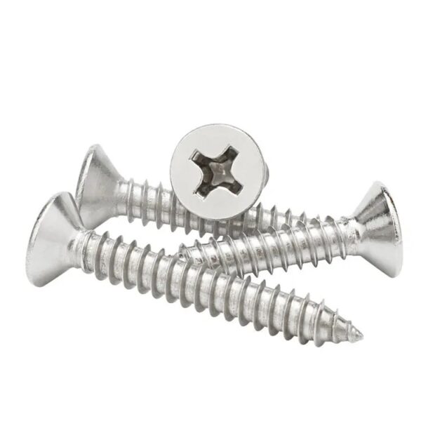 Close-up of three stainless steel countersunk screws arranged together on a white background.