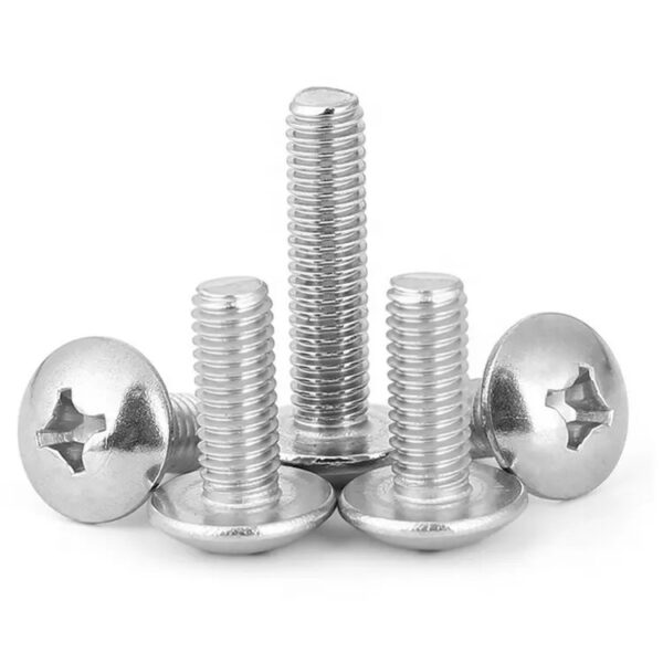 Five stainless steel Phillips drive truss head screws stand upright, leaning against each other on a white background.