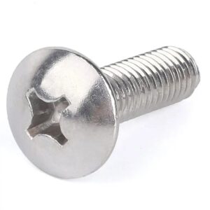 Close-up of a stainless steel Phillips truss head machine screw on a plain white background.