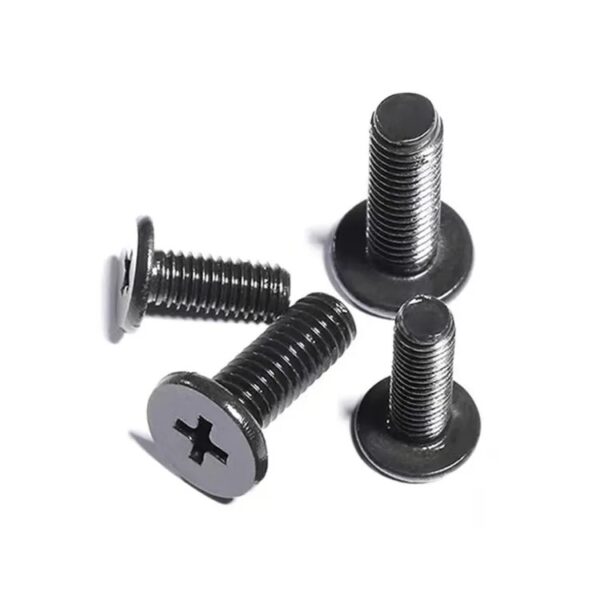 Four Black Oxide A2 Wafer Flush Phillips Head Screws on a white background.