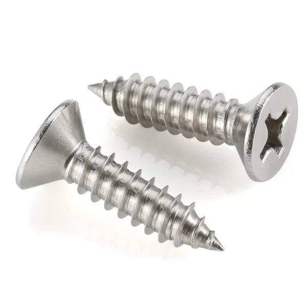 Two stainless steel flat head self-tapping screws are elegantly placed on a white surface.