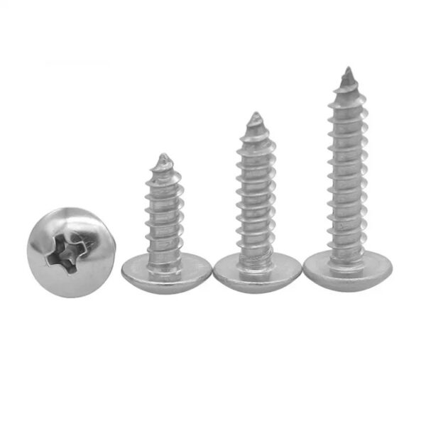 Four stainless steel Phillips truss head screws, of varying lengths, are lined up neatly on a white background.