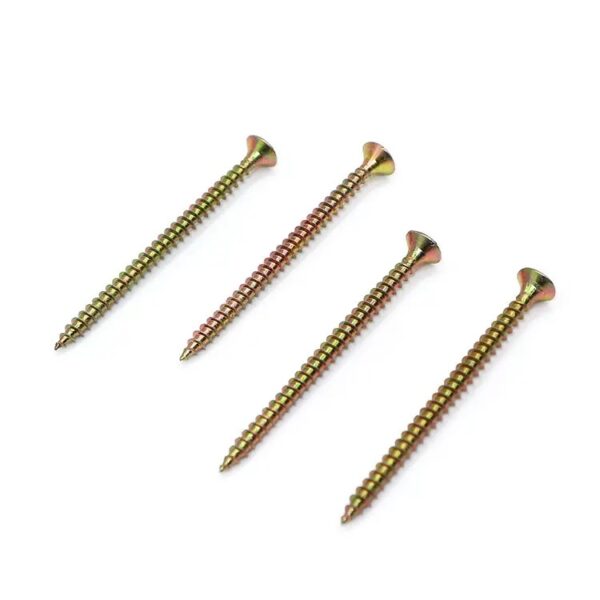 Four yellow zinc-plated Phillips wood screws with Pozi heads arranged diagonally on a white background.