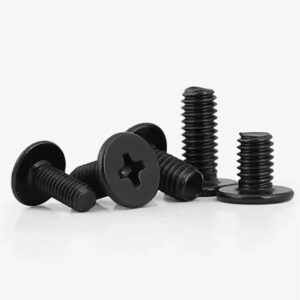 A set of Black Oxide Stainless Steel A2 Wafer Head Phillips Machine Screws is displayed on a plain background.