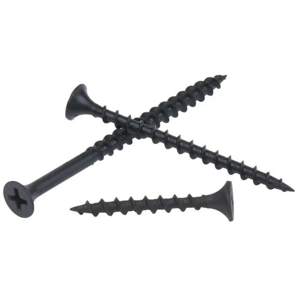 Three Coarse Thread Black Phosphate Carbon Steel Bugle Head Drywall Screws with Philips heads are neatly arranged on a plain background.