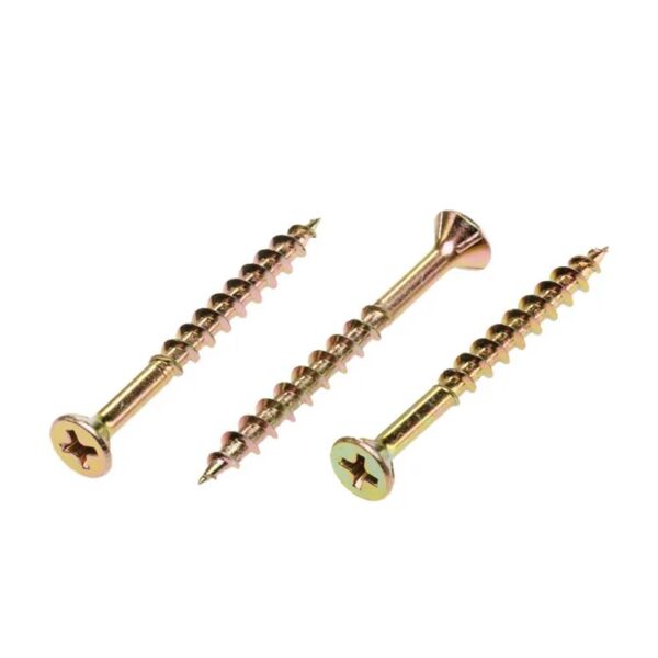 Three yellow zinc-plated pozi chipboard screws of various sizes lie side by side on a white background.