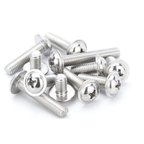 A set of shiny stainless steel pan head screws with collars sits elegantly on a white background.