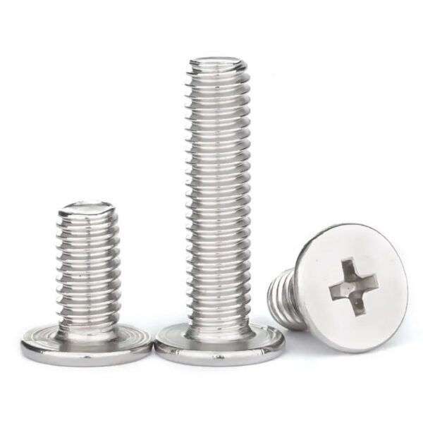 Three A2 Cross Phillips ultra-thin flat head screws are arranged vertically on a white background, two upright and one lying flat.