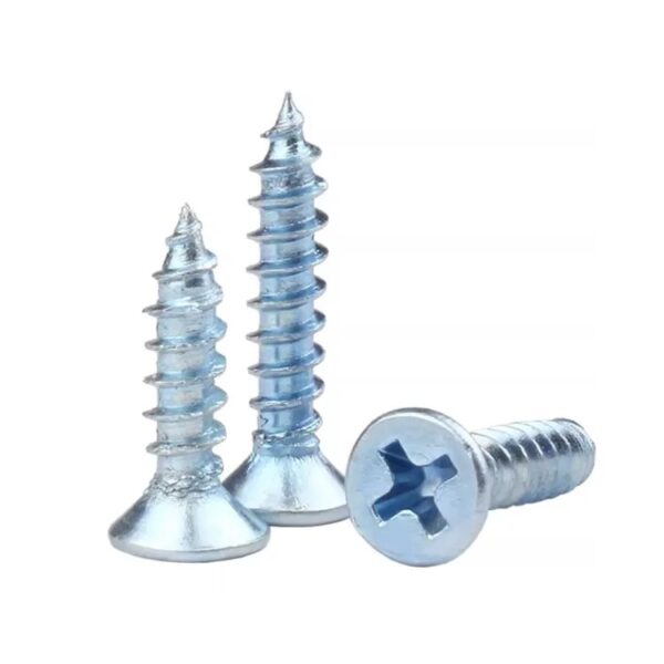 Three silver zinc-plated galvanized carbon steel Phillips flat head self-tapping screws on white; two upright, one lying down.