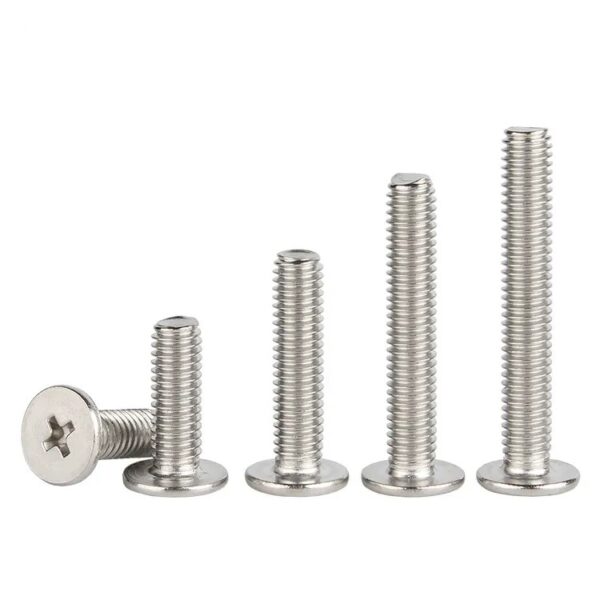 Five Stainless Steel A2 Phillips Ultra Thin Flat Head Screws are displayed in size order, with one positioned horizontally.