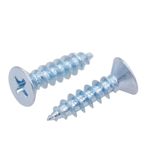 Two blue zinc-plated galvanized carbon steel Phillips flat head self-tapping wood screws, angled downward on white.