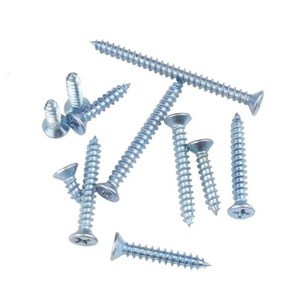 Shiny Zinc Plated Galvanized Carbon Steel Wood Phillips Flat Head Self Tapping Screws in various sizes scattered on white.