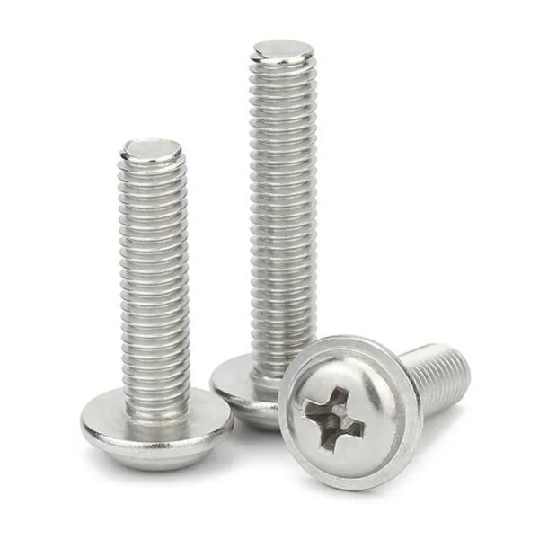 Three stainless steel machine screws with collars are upright and lying down on a white surface.