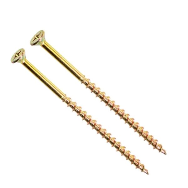 Two Yellow Zinc Plated Phillips Flat Countersunk Head Wood Pozi Chipboard screws lie parallel on a white background.