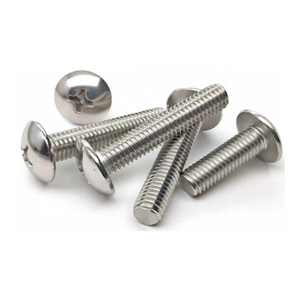 Five stainless steel mushroom Phillips head screws on a white background.