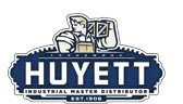 Illustration: Man holding nut fastener, text "Huyett Industrial Master Distributor Est. 1906" in blue and white.