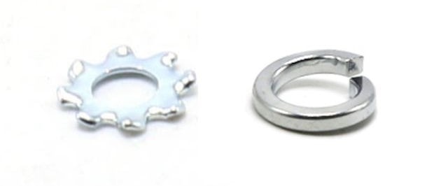 Yıldız rondela (sol) ve bölünmüş halka yaylı rondela (sağ) yan yana gösterilmiş olup, kilitleme farkları gösterilmektedir.