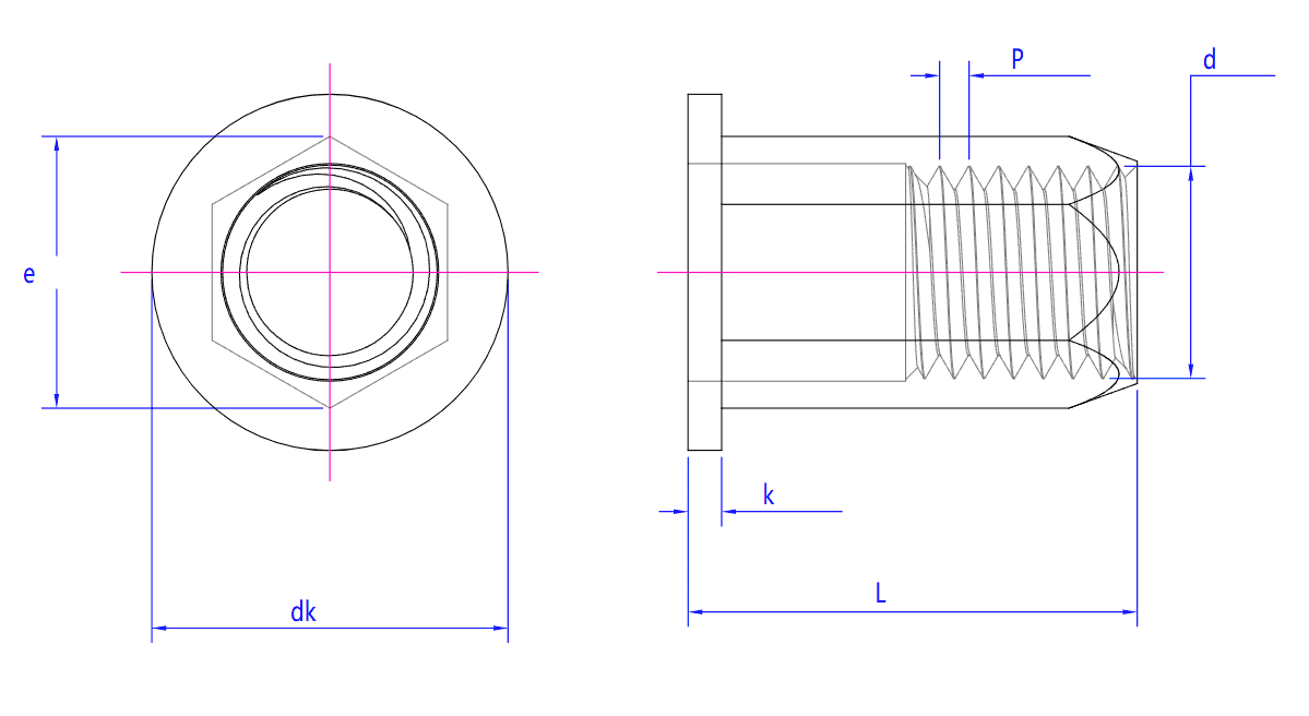 Düz Başlı Altıgen Perçinli Somun: çap, uzunluk, aralık ve anahtar boyutları etiketli üst/yan görünümler.