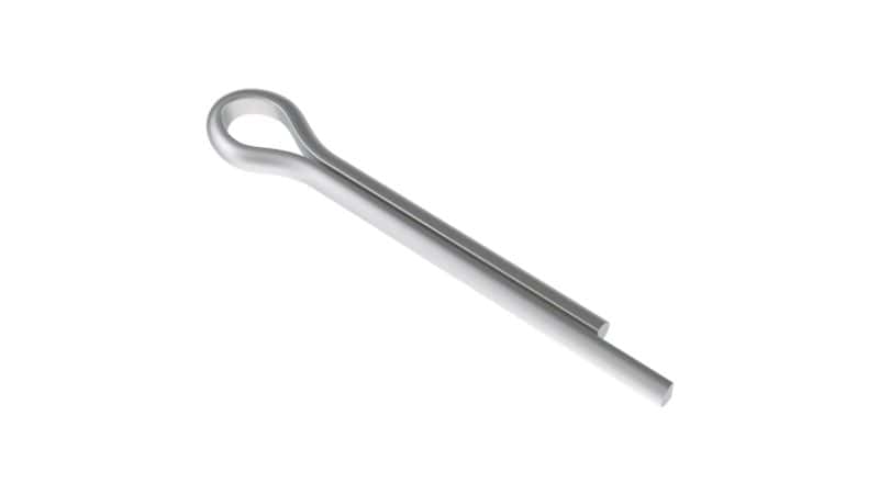 Metal cotter pin with a looped head and two straight prongs on white background, used for fastening purposes.